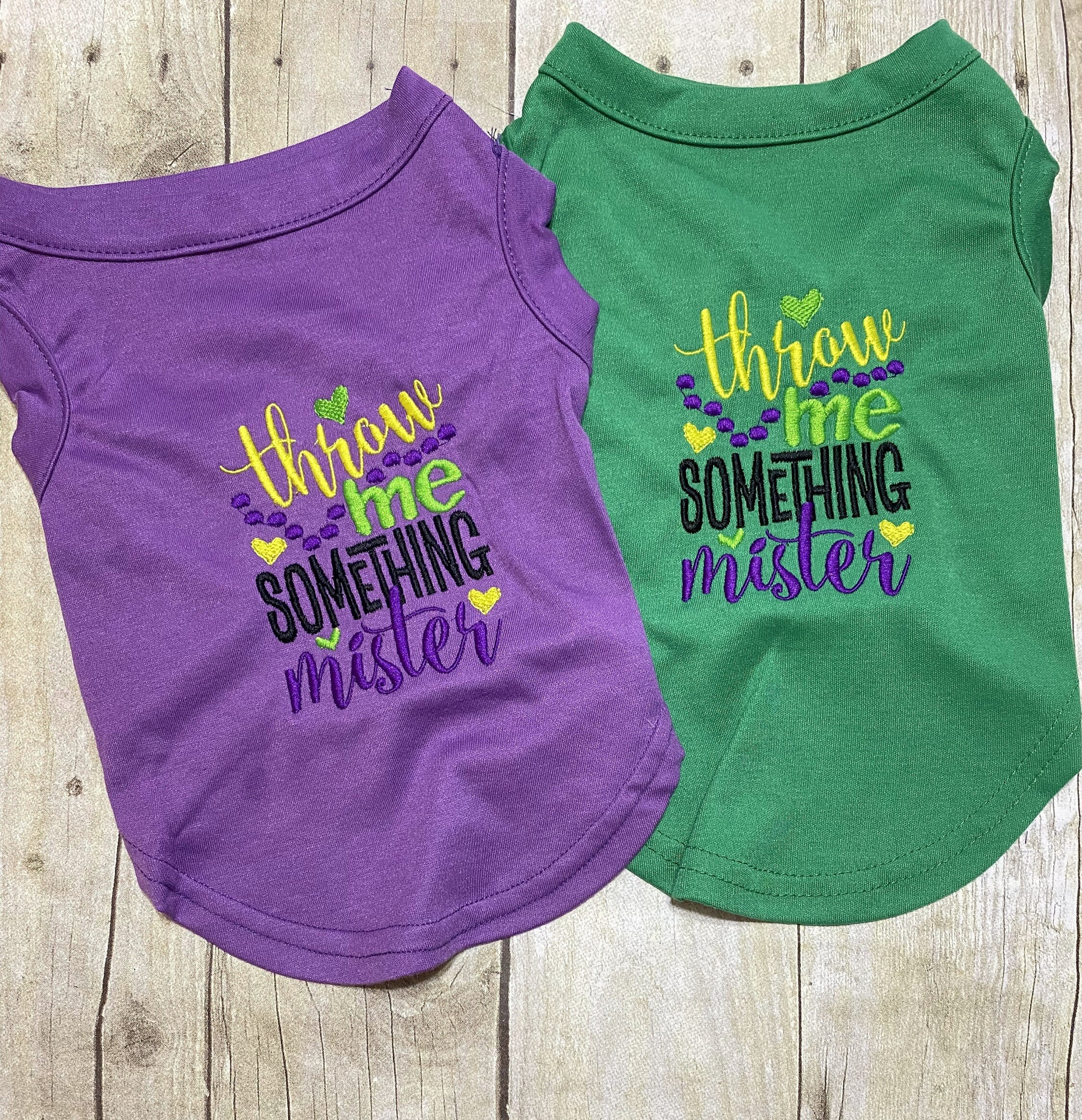 Dog Mardi Gras Shirt or Dress, Cute Fat Tuesday Louisiana Cajun Holiday Embroidery and Applique Shirt, Throw Me Somthing Mister