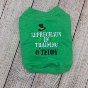 May include: Green dog shirt with the text "Leprechaun in Training O'Teddy" and a black leprechaun hat with a green shamrock.