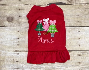 Dog Christmas Shirt or Dress, Christmas Tree Trio with Bow Holiday Clothing, Cat, Beautiful Personalized Embroidered Holiday Puppy Clothing