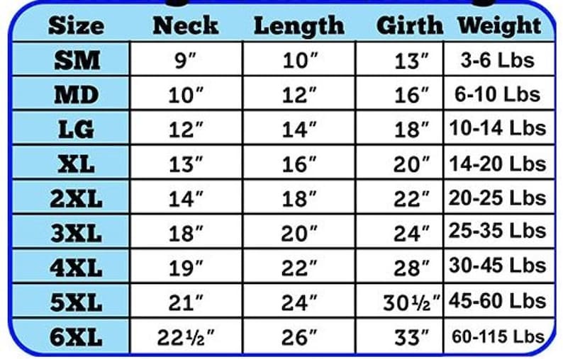 May include: A light blue and white sizing chart for pet apparel with black text. The table lists sizes from SM to 6XL with corresponding measurements in inches for neck, length, and girth, and weight ranges in pounds for each size category.