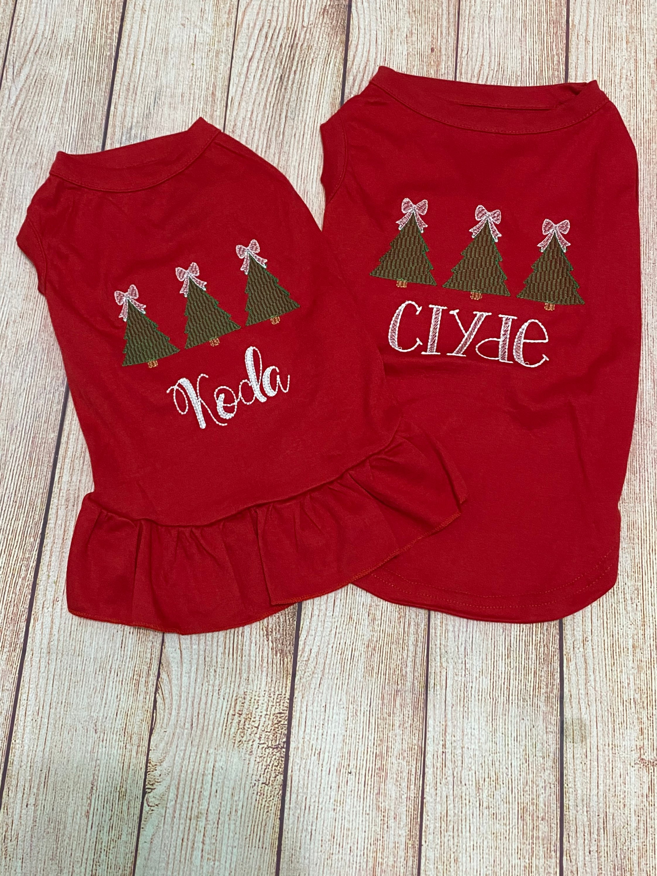 Christmas Dog Shirt or Dress, Christmas Bow Tree Sketch Trio Monogrammed Shirt, Beautiful Personalized Embroidered Holiday Puppy Clothing