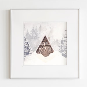 Peut inclure: Une peinture à l'aquarelle d'une petite cabane brune nichée dans une forêt enneigée. La cabane a un toit triangulaire et une fenêtre avec une lueur chaude. Les arbres sont recouverts de neige et le ciel est d'un gris doux.