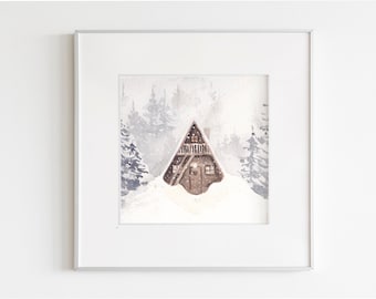 Mountain watercolor - art print - 15 X 15 cm OR 30 X 30 cm - Cabin, tiny house, landscape watercolor, landscape watercolor, little cabin
