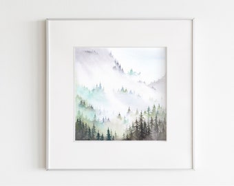 Aquarelle vallée de sapins sous la brume