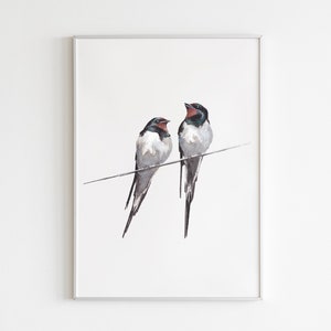 Aquarelle Couple d'hirondelles sur le fil