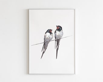 Watercolor Couple of swallows on the wire