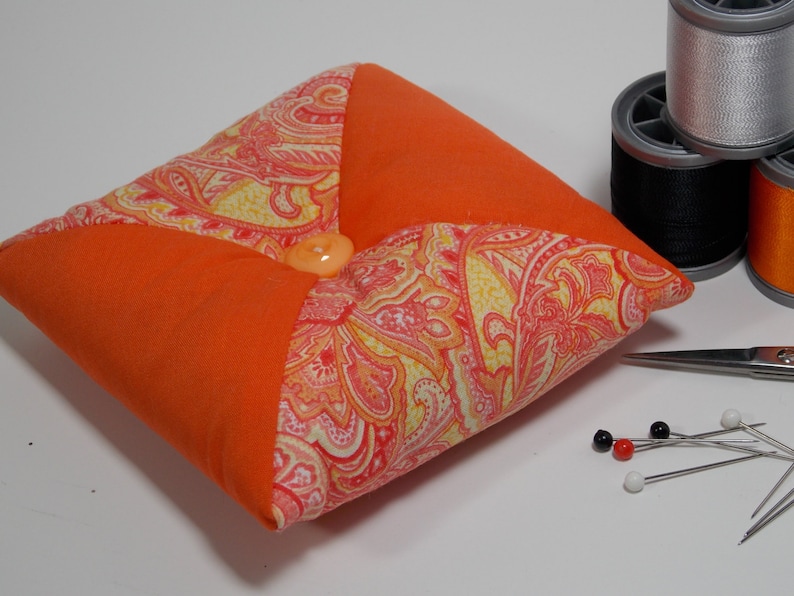 Quilted Square Orange White Paisley Poly-fil Crushed Walnut Shell Filling Tirangular Patchwork Pincushion