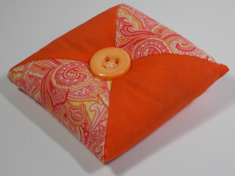 Quilted Square Orange White Paisley Poly-fil Crushed Walnut Shell Filling Tirangular Patchwork Pincushion