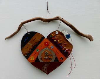 Driftwood Art, Hand Stitched Leather Heart, Symbolic Owl Decor