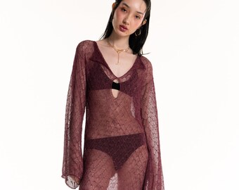 Robe de soirée en dentelle transparente pourpre aubergine