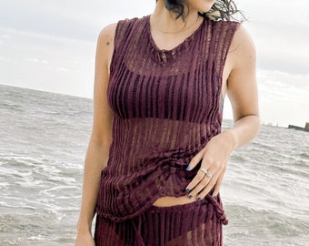 Aubergine Knit Tank - Organic Linen - Sheer Knit Top - Handmade to order