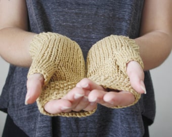 Gants végétaliens - Prêts à expédier - Gants sans doigts en coton biologique, tricotés à la main en moutarde douce - Accessoires d’hiver végétaliens respectueux de l’environnement