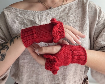 Wool Fingerless Gloves in Cherry Red - Statement Winter Accessories