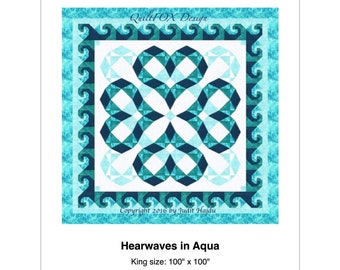 Quilt Pattern / Storm at Sea variation / Heartwaves in Aqua - King Size: 100 x 100