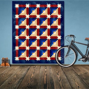 Log Cabin Quilt Pattern - Log Cabins with Star Sashing - Queen Size: 89&quot; - 107&quot; - PDF pattern