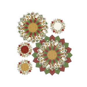May include: Set of five Christmas-themed fabric coasters in various sizes. The coasters feature a starburst design with red, green, and gold colors.