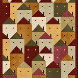 Könnte beinhalten: Ein farbenfrohes Quilt mit einem sich wiederholenden Muster stilisierter Häuser. Die Häuser haben dreieckige Dächer und quadratische Körper in Creme-, Gold-, Braun-, Burgunder- und Olivgrüntönen. Das Quilt ist von einem tiefroten Rahmen umrandet.