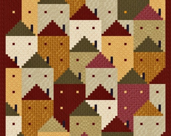 Log Cabin Houses Quilt Pattern - Twin size: 75" x 89"