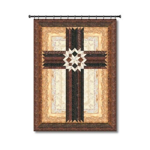 May include: A tapestry featuring a large wooden cross with a geometric pattern in the center. The cross is surrounded by a multi-layered frame with a rustic woodgrain texture.