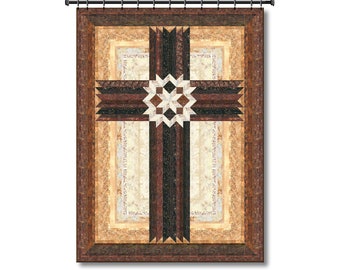 May include: A tapestry featuring a large wooden cross with a geometric pattern in the center. The cross is surrounded by a multi-layered frame with a rustic woodgrain texture.