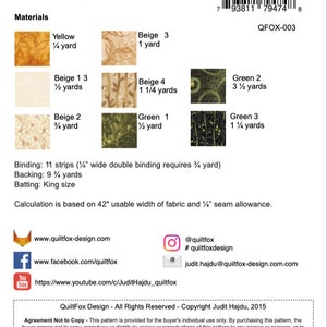 May include: A quilt pattern for a king-sized Log Cabin Carpenters' Star quilt. The pattern includes instructions for cutting and sewing fabric in various colors, including yellow, beige, and green. The pattern also includes a list of materials needed for the project, such as fabric, batting, and binding. The pattern is designed by Judit Hajdu and is copyrighted 2015.