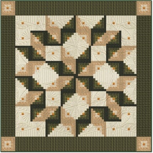 May include: A quilt block with a log cabin pattern in shades of green and beige. The block is made up of squares of fabric that are sewn together in a spiral pattern.
