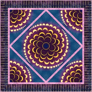 May include: A square quilt with a purple and blue background. The quilt features a repeating pattern of yellow crescent moons arranged in a circular design. The quilt is bordered with a pink and black pattern.