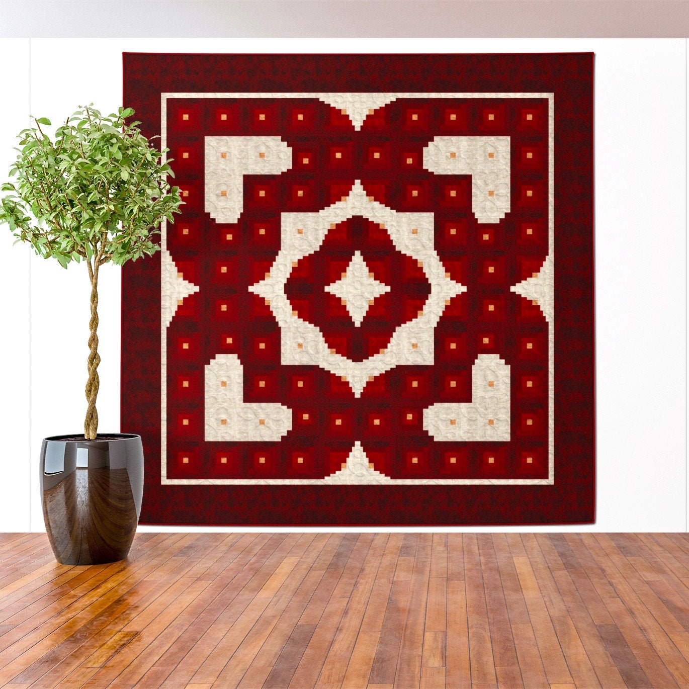 Wedding Quilt Pattern - Valentine / Love / Heart / Log Cabin Quilt - King Size 108" x 108"