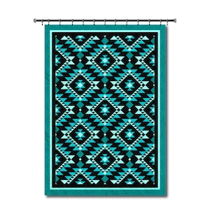 May include: A teal and black geometric patterned tapestry with a fringe border. The tapestry features a repeating pattern of triangles and diamonds.