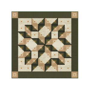 May include: A quilt block with a geometric pattern of green and beige squares, forming a star shape in the center.