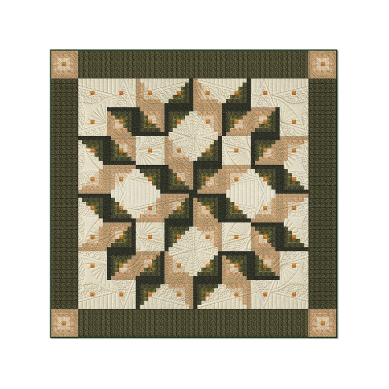 May include: A quilt block with a geometric pattern of green and beige squares, forming a star shape in the center.