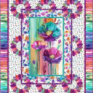 May include: A colourful quilt featuring a floral design with pink, purple, and blue flowers. The flowers are surrounded by a white background with a dragonfly pattern. The quilt is bordered with a multi-coloured striped fabric.