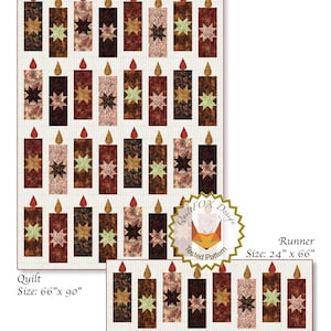 May include: A quilt and runner set featuring a festive candle design. The quilt measures 66" x 90", and the runner is 24" x 66". Each candle has a star in the center and a flame at the top. The design is by QuiltFOX Design.