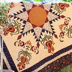 Feathered Star with tulip appliqué - size 62&quot; x 62&quot;- PDF quilt pattern