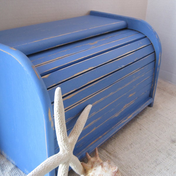 Shabby Nautical Blue over Tan Wood Bread Box with Tamber Slide Open Door