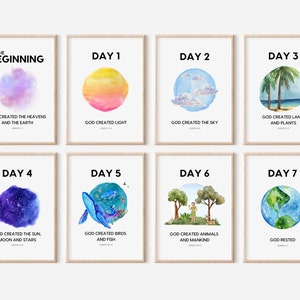 7 Days of Creation Posters (8"x10") | In the Beginning Decor for Bible & Sunday School Room | Homeschool, Ministry, Nursery Wall Art Print