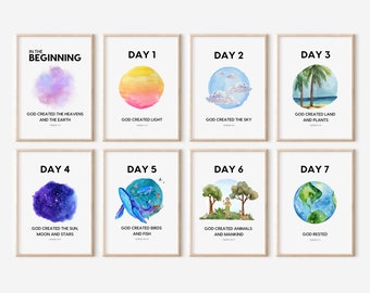 7 Days of Creation Posters (8"x10") | In the Beginning Decor for Bible & Sunday School Room | Homeschool, Ministry, Nursery Wall Art Print