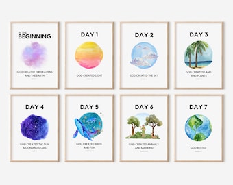 7 Days of Creation Posters (8"x10") | In the Beginning Decor for Bible & Sunday School Room | Homeschool, Ministry, Nursery Wall Art Print