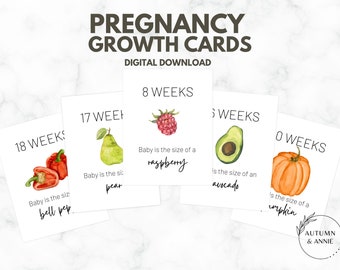 Afdrukbare zwangerschapsmijlpaalkaarten | Fruit en groenten om de groei van baby's te volgen | Wekelijkse babyformaatkaarten voor zwangerschapsaankondigingsfoto