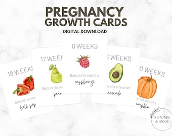 Printable Pregnancy Milestone Cards | Fruit & Veggies to Track Baby’s Growth | Weekly Baby Size Cards for Pregnancy Announcement Photo