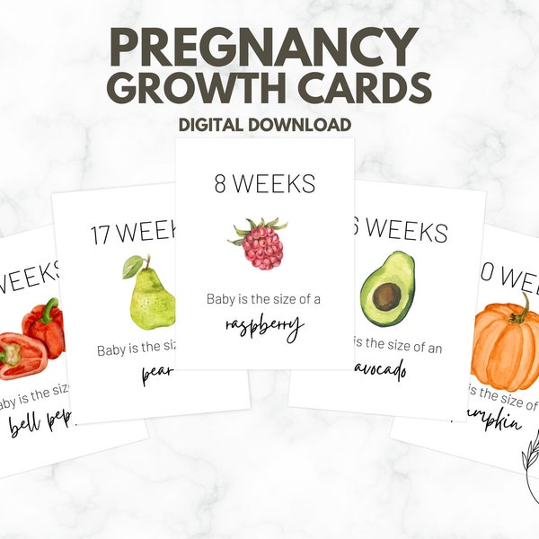 Printable Pregnancy Milestone Cards | Fruit & Veggies to Track Baby’s Growth | Weekly Baby Size Cards for Pregnancy Announcement Photo