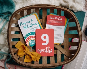 Prayer & Milestone Cards for Baby's First Year | Baby Monthly Milestone Cards | Christian First Time Mom Baby Shower Gift | Rainbow Boho