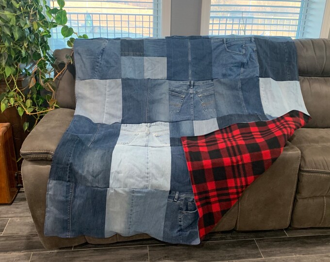 Denim Blue Jean Quilt Full Size Upcycled Blue Jean Blanket, Birthday