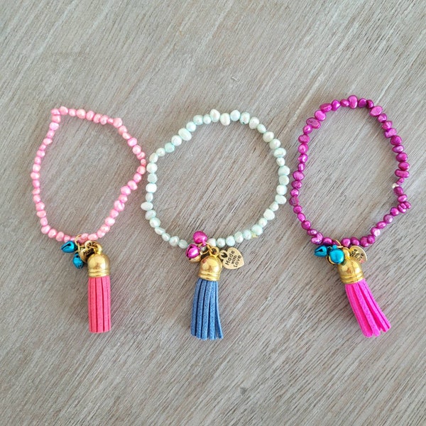 Freshwater Pearl with Tassel Bell  Bracelet, Fuschia, Light Aqua, Pink, Freshwater Pearl Bracelets, Colorful Tassels, Bells,  Swiss made