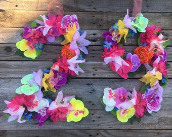 DOUBLE digit HAWAIIAN Luau Numbers Multi Color -Purple Pink Yellow Orange Green Red Orchid Silk Flowers Birthday