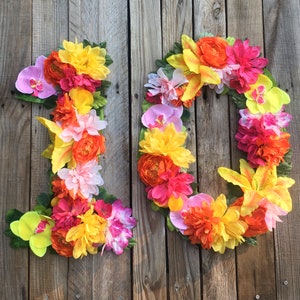 DOUBLE digit HAWAIIAN Luau Yellow Orange Pink Kids Birthday Decoration Number Polynesian Silk Flowers Party Picture Prop