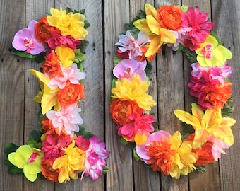 DOUBLE digit HAWAIIAN Luau Yellow Orange Pink Kids Birthday Decoration Number Polynesian Silk Flowers Party Picture Prop