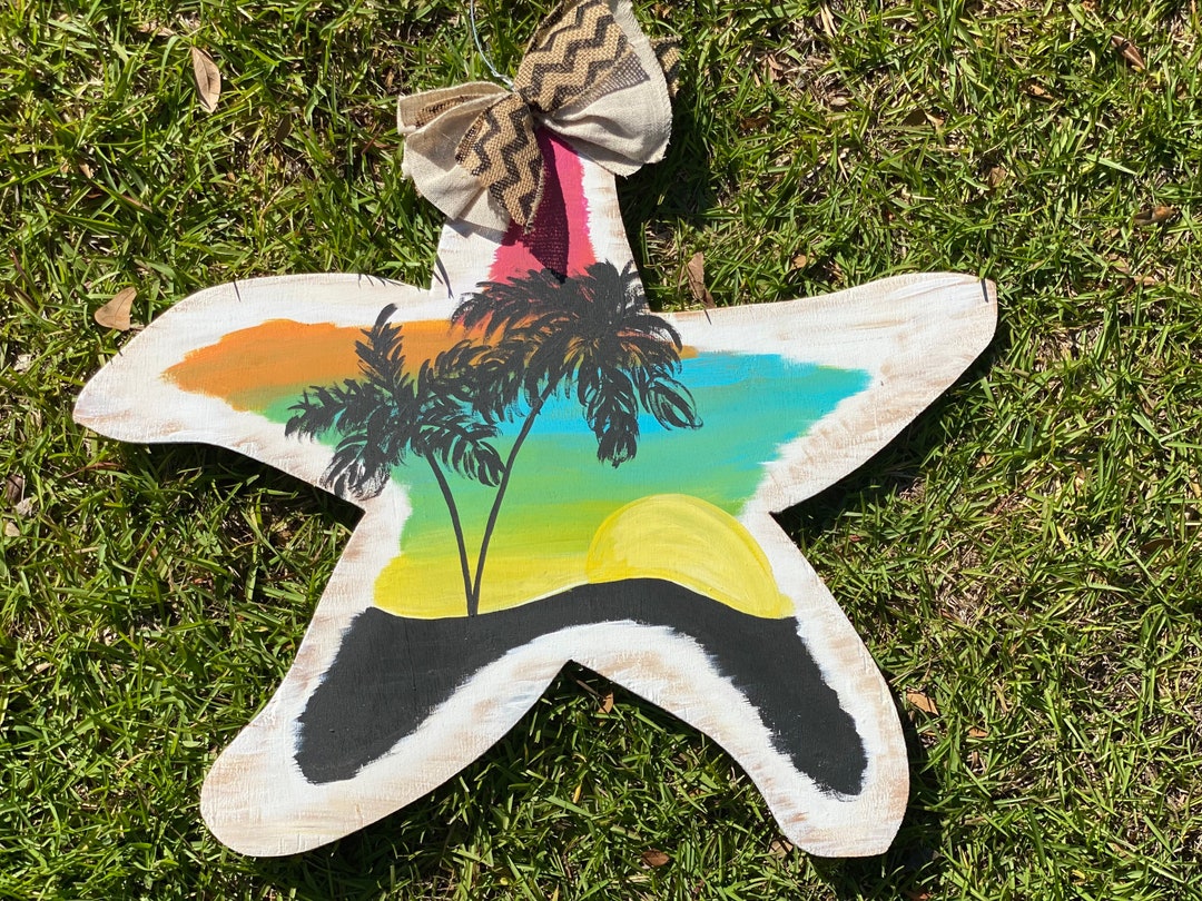 Starfish With Beach Scene Door Hanger, Beach Scene Painting, Palm Tree ...