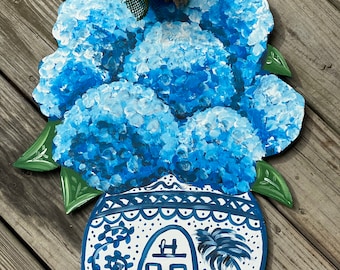 Blue Hydrangea Wreath, Chinoiserie Door Hanger, Front Door Year Round Hydrangea Wreath, Blue and White, Flowers Pot, Hand-Painted Willow Jar