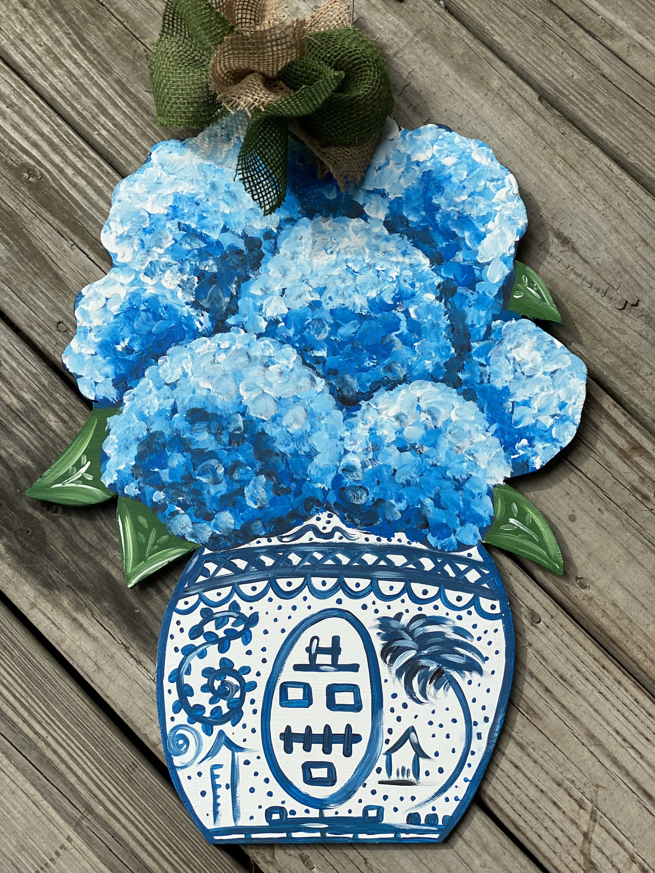 Hand Painted Hydrangea Door Hanger, Blue Floral Home Decor, Ginger Jar Wall Art, Front Door Wreath Alternative, Spring Summer Decoration